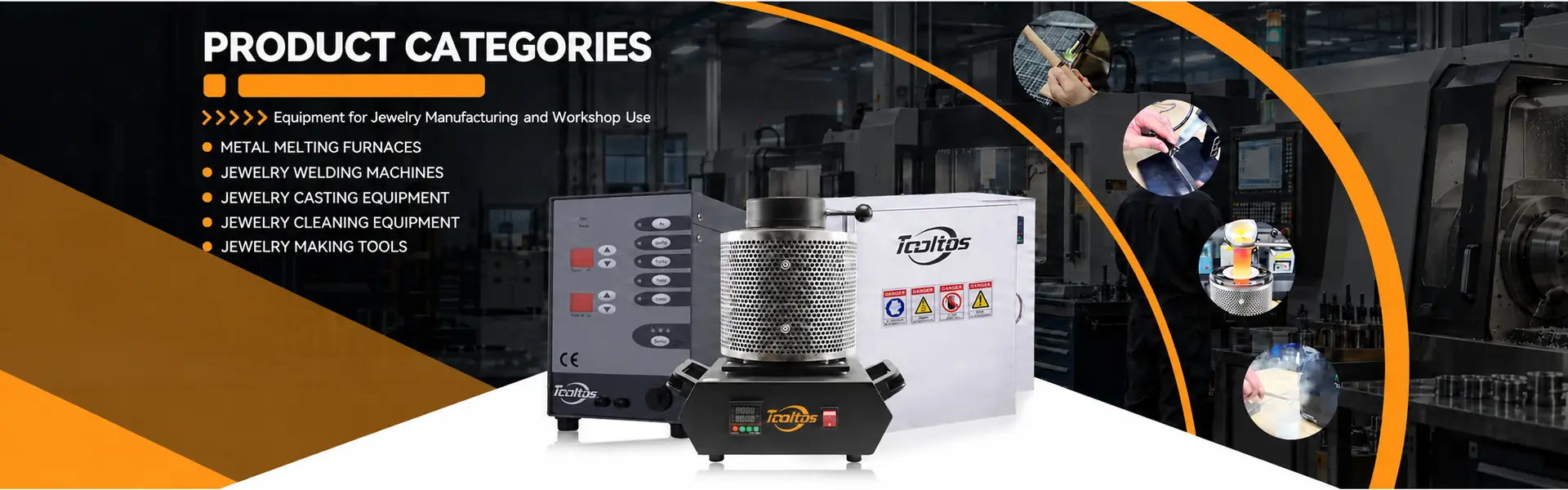Tooltos jewelry equipment categories including melting furnaces, welding machines, casting and cleaning equipment